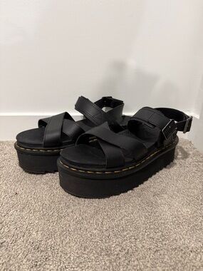 Dr. Martens Black Leather Platform Sandals with Yellow Stitching